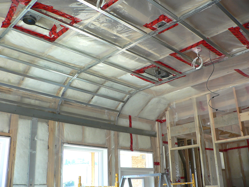 A room with specialty framing by Kelco drywall, which is framed with metal framework and plastic sheets.